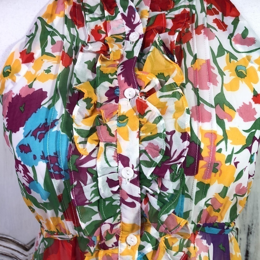 Twentyone Multi Colored Ruffle Front Button Down Cut in Sleeveless Dress S/S - Picture 4 of 10